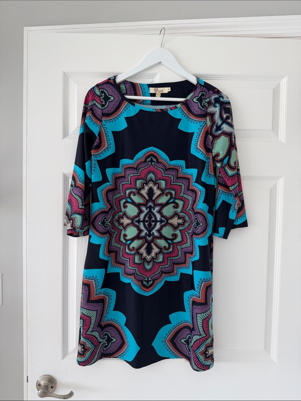 Aryeh Navy Shift Dress with Turquoise and Purple Medallion Print
